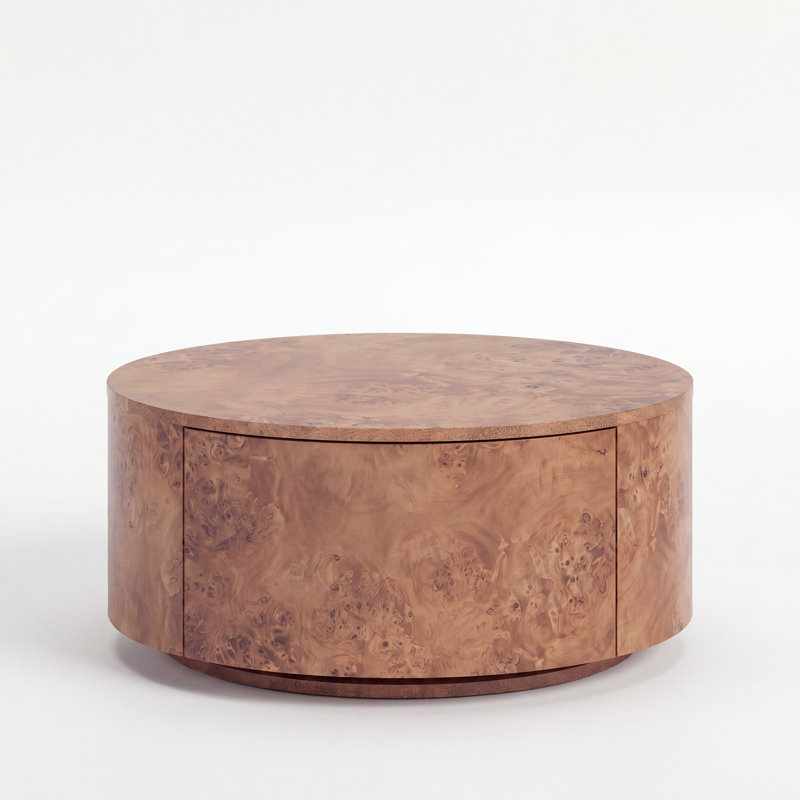 Table basse ronde en bois de ronce avec deux tiroirs cachés et base pivotante, Natural