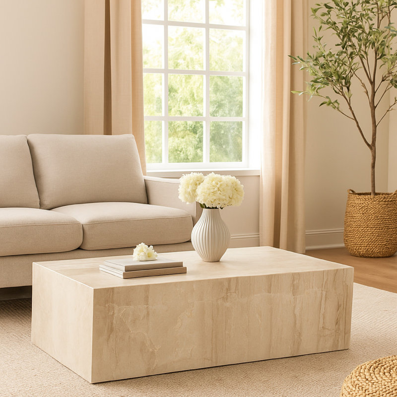 Rey Cocktail Coffee Table, 48 Inch Rectangular Natural  Marble Body, Beige