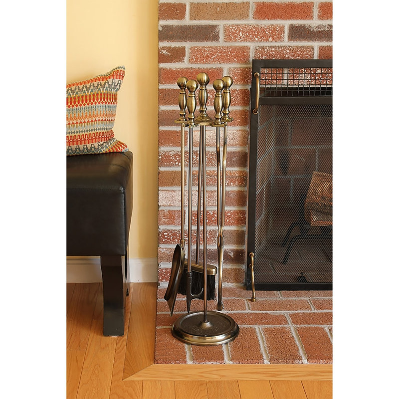 Ensemble d’outils de cheminée à base ronde 4 pièces Odriscoll, Antique Brass Plated