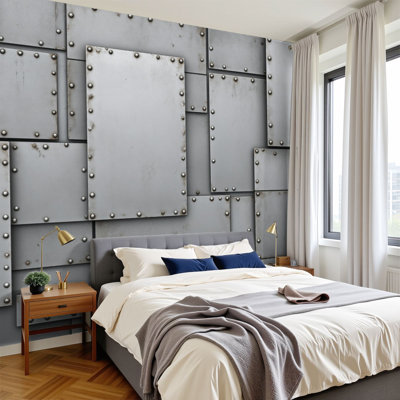 Peel and Stick Wallpaper Industrial Metal Panel Wall Rivets Weathered Rustic Factory Wall Murals 100"H x 144"W Removable PVC Wall Paper Self-Adhesive Wall Paintings Art Decor for Bedroom Living Room