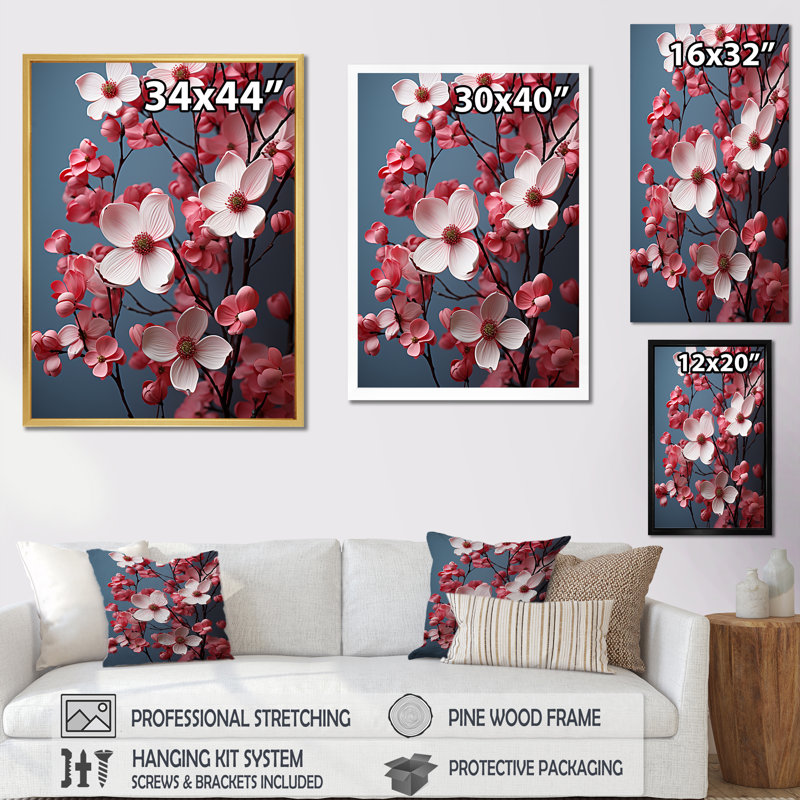 Reproduction d'art sur toile rose Dogwood, Cadre naturel flottant, 40" H x 30" W