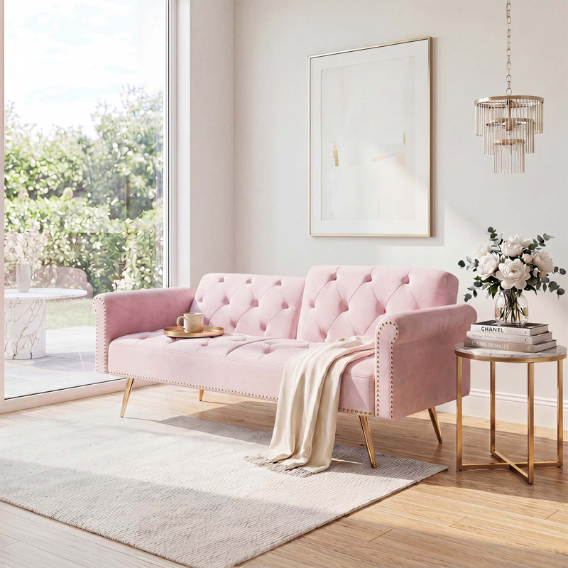 Canapé-lit convertible en velours ultra-doux avec garniture cloutée, Velours rose