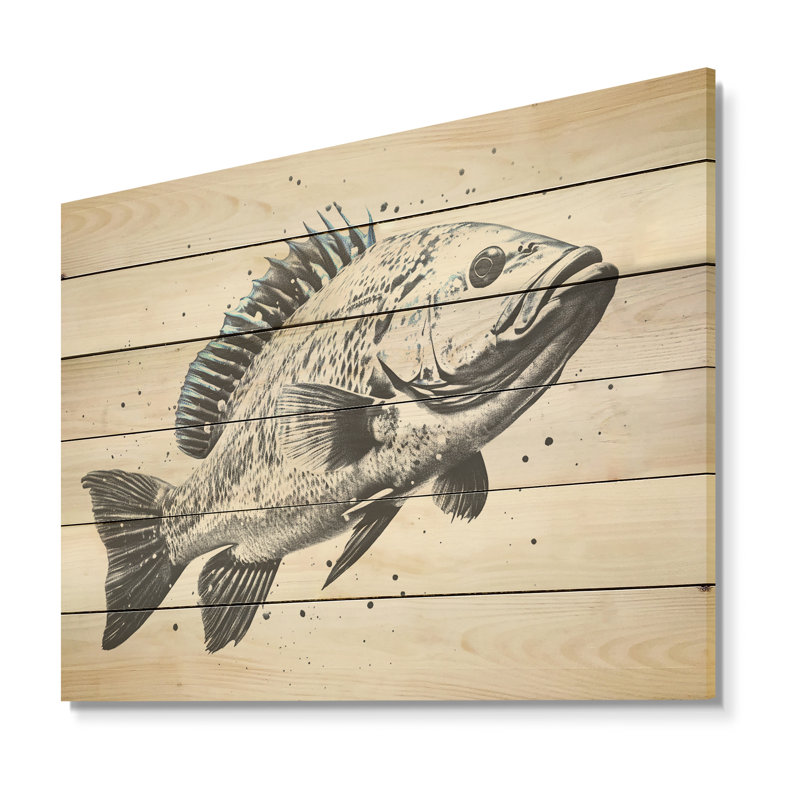 Monochrome Black And White Fish Crawl I - Coastal Coral Under Water Wood Wall Art On Natural Pine Wood, 30" H x 40" W