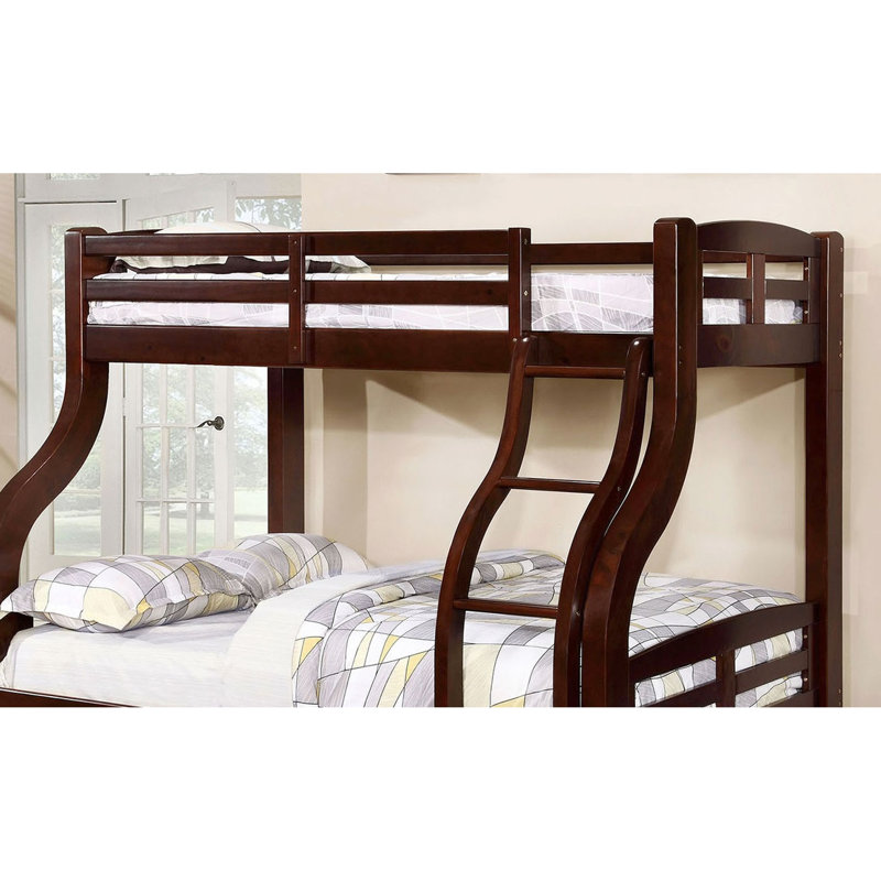 Lit superposé simple au-dessus d'un lit double au look transitionnel, bois massif, courbé, 14 pièces Lattes, coffre-fort et design avec style, bois et placage, lattes attachées