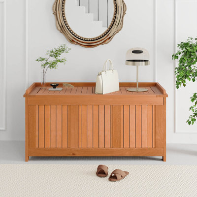 58 Gallon Wood Deck Box with Flip Top Teak Oil Finish Pool Supplies Cushions