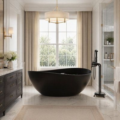 Baignoire de trempage autoportante de 63 po à surface solide avec drain, baignoire moderne en forme de vague avec dossier ergonomique, 63 po (noir / blanc) (TL1030-63MB)