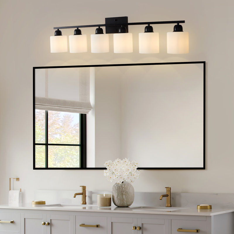  Éclairage de salle de bain à intensité variable 6 lumières avec abat-jour en verre de lait givré, Noir mat, Six lumières