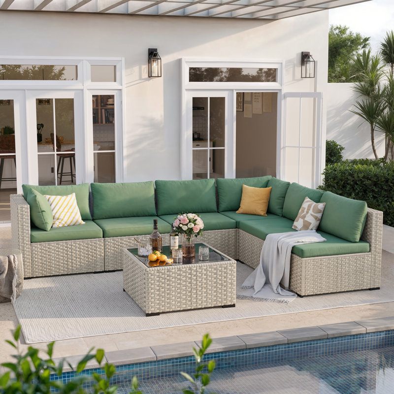 7-Piece Patio Conversation Set with Coffee Table and Cushions, Gray, Green