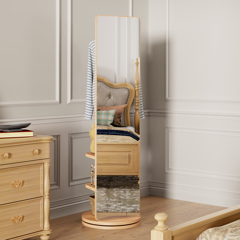 Miroir pivotant sur 360 ° avec support de rangement, miroir à cadre en bois pour la chambre à coucher et le salon