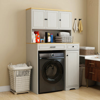 Au-dessus de la laveuse, de la sécheuse et de l'armoire de rangement sous vide pour robot convenant aux machines à laver compactes, avec 1 panier à linge, 1 tiroir et 2 tablettes réglables - blanc antique