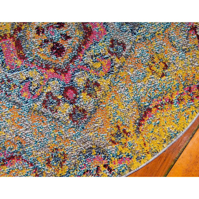 Tapis oriental gris / or / rose Mulloy, Rond 8 pi