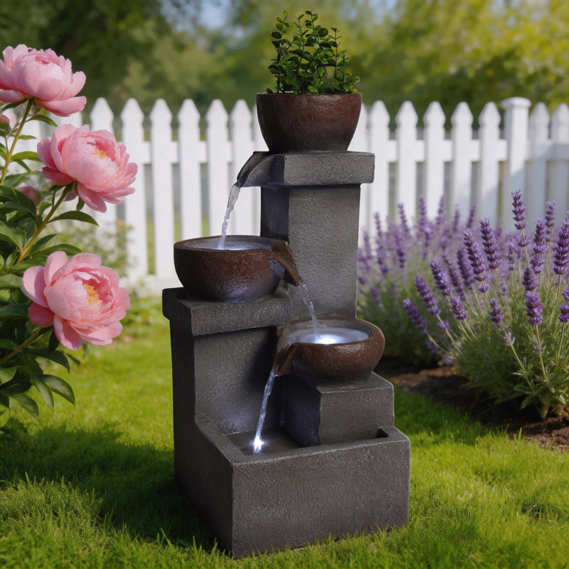 Outdoor Water Fountain Tiered Cascading Jar Waterfall Resin Garden Patio Decor with LED Lights