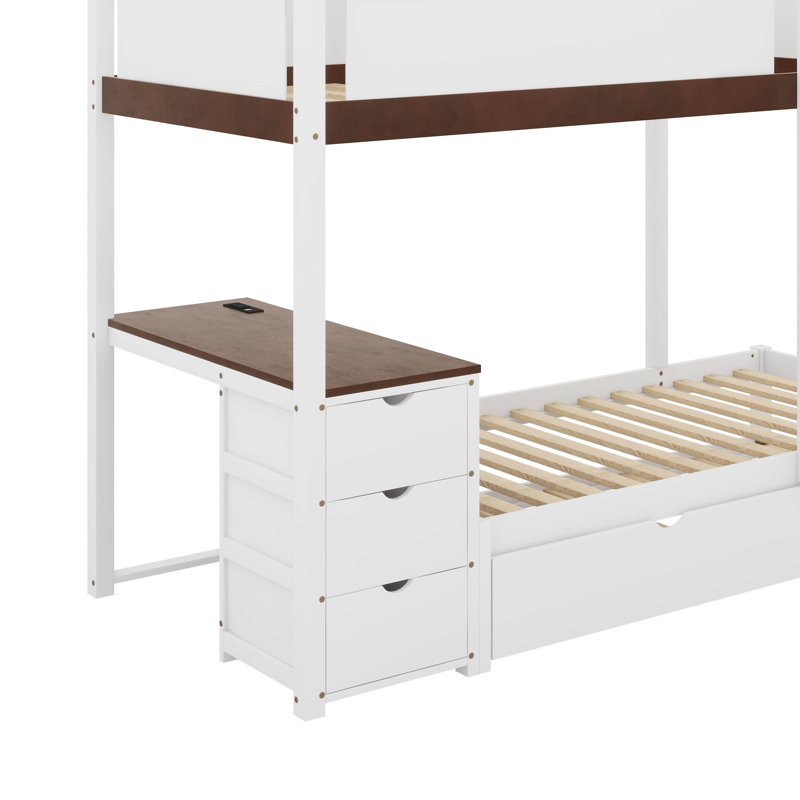 Twin Over Twin Bunk Bed With Trundle And Desk, White/Walnut