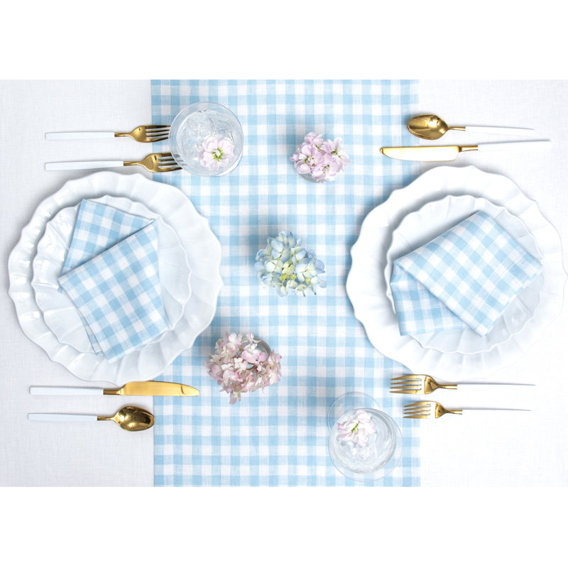 Gingham Checks - 100% Pure Linen Table Runner, 90" x 14", Blue Bell