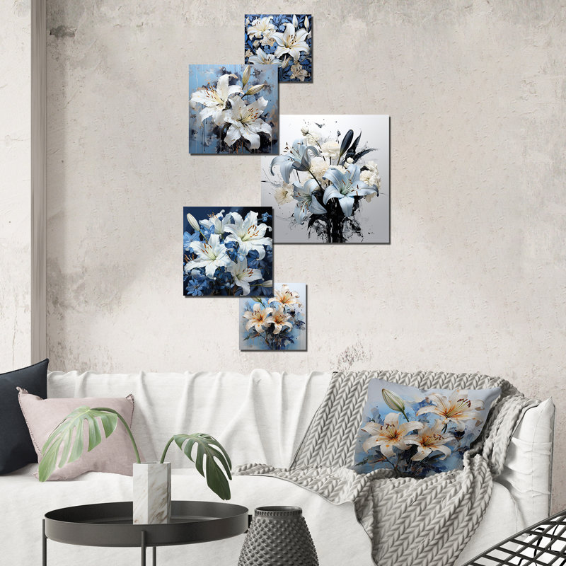 Ensemble de 5 impressions murales lis blanc et bleu