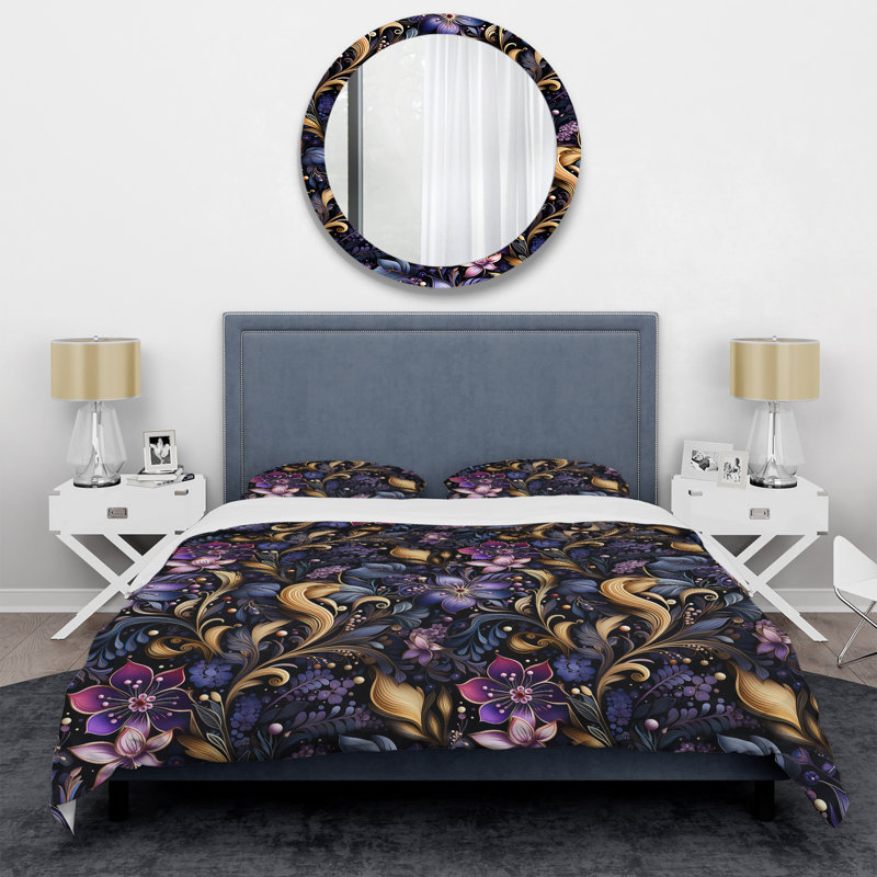 Ensemble de housse de couette romantique en microfibre bleu / mauve, Housse de couette pour grand lit et 2 taies décor