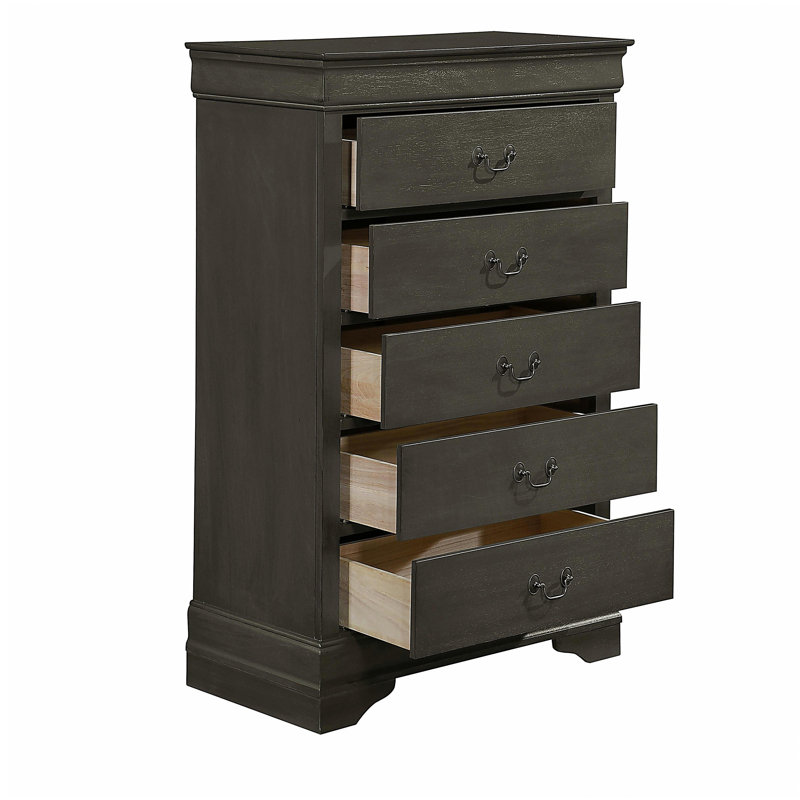 Meuble de chambre classique à 5 tiroirs au fini gris teinté classique de style Louis Philippe