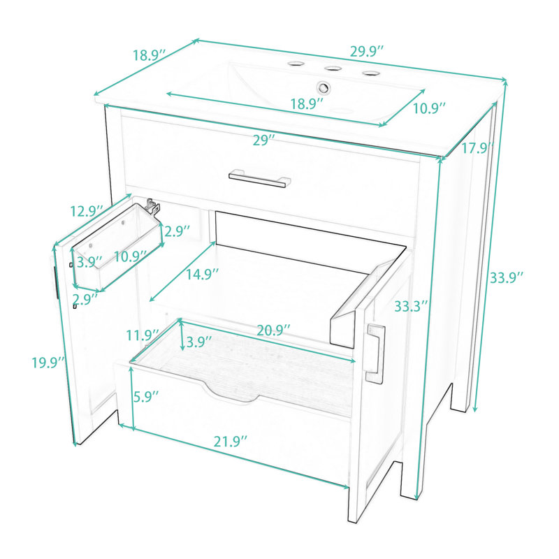 Meuble-lavabo de salle de bain avec lavabo et rangement en céramique, Blanc, Gris