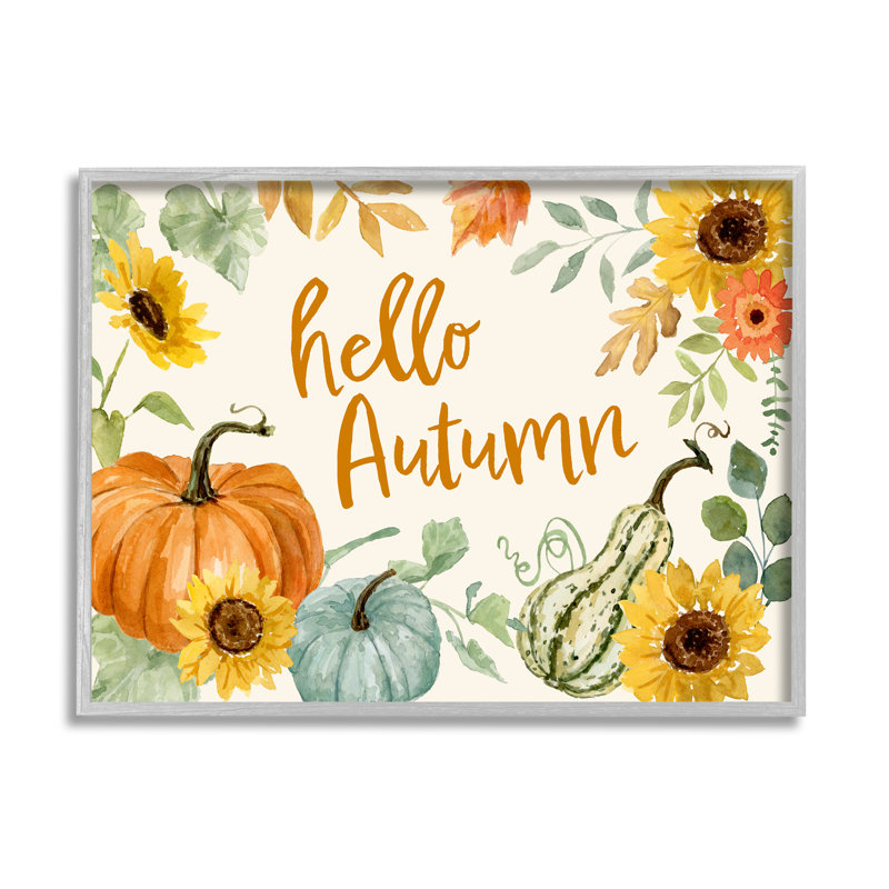 «Hello Autumn Orange Calligraphy Fall Plants Border Black», estampe numérique encadrée de Victoria Barnes
