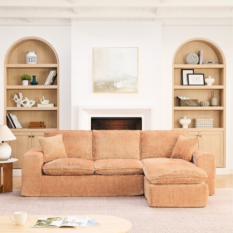 Canapé d'angle moderne en bouclette de 272 cm avec méridienne réversible pour salon, coussins moelleux effet nuage, couleur orange, dossier divisé, assise confortable, forme modulable, accoudoirs carrés, 4 places, aucun assemblage requis.