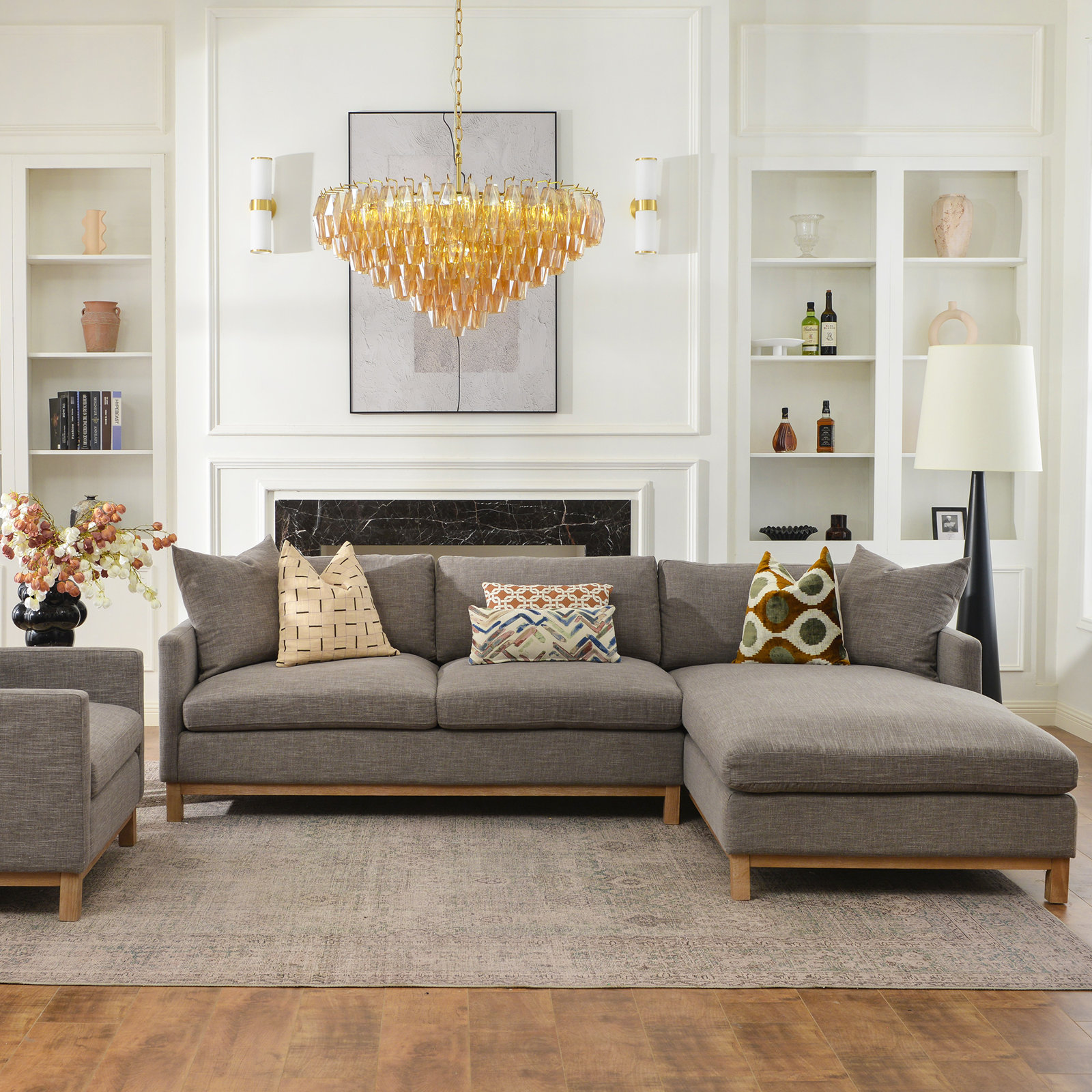 Cami Solid Wood Sofa and Chaise, Right Hand Facing, Smoke Linen Blend