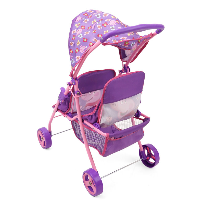 Peppa Pig: Poussette pour poupée simple - mauve, rose, fleurs - peut accueillir 2 poupées jusqu'à 18 po, conception pliable, pavillon rétractable, sièges réglables, jouet d'enfant de 3 ans et plus
