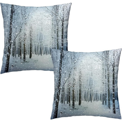 Winter Throw Pillow Covers 18X18 Inch Snowy Nature Forest Wonderland Print Pillow Cases Set Of 2 Seasonal Xmas Holiday Farmhouse Outdoor Cushion Cover For Home Couch Sofa Decor