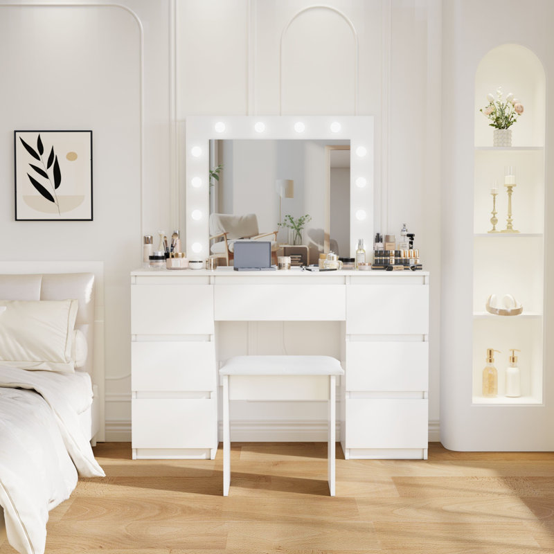 Grandes tables de coiffeuse blanches avec miroir et lumière, bureau de coiffeuse, 4 grands tiroirs, coiffeuse de maquillage