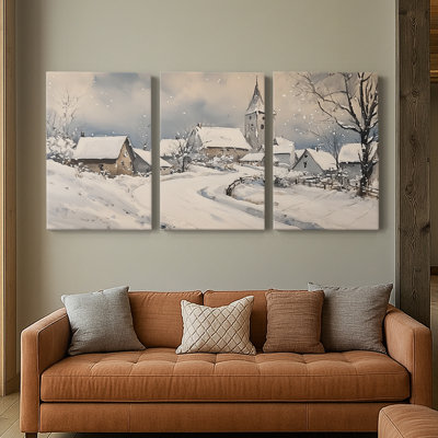 Snowy Village With Church Watercolor 3 Piece Canvas Wall Art Set - Christmas Holiday Triptych, 24x36 Each Panel, Gallery Wrapped Ready to Hang - Landscape Series CLXXII