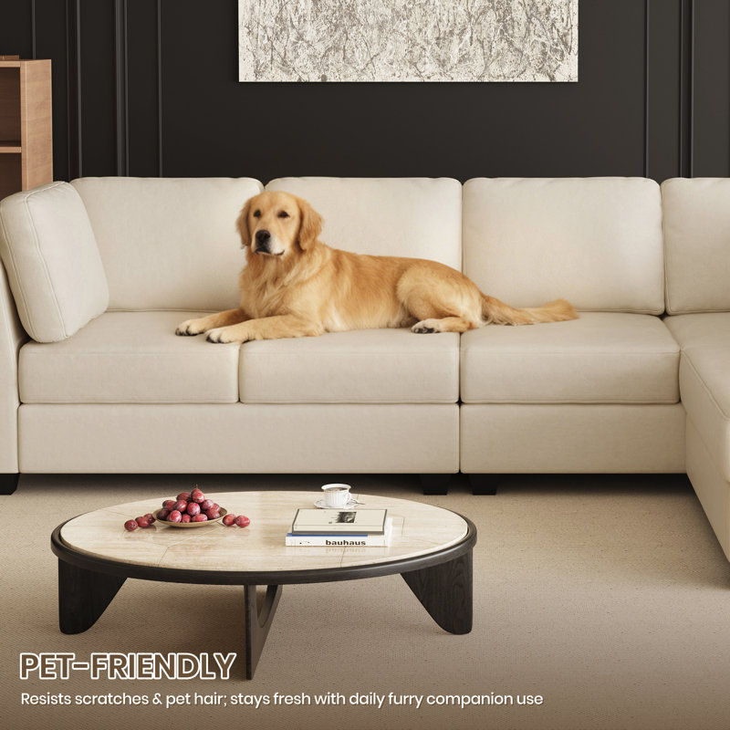 Faux Leather L-Shaped Modular Sectional Sofa, Beige Faux Leather, Left Hand Facing