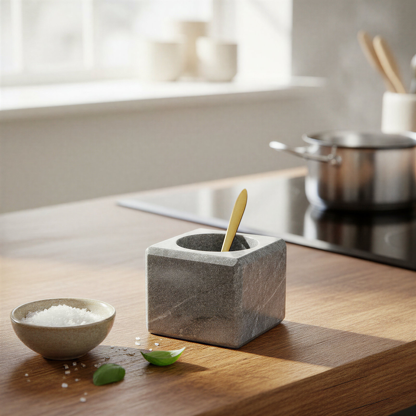 Fenster Square Marble Bowl with Brass Spoon, Gray