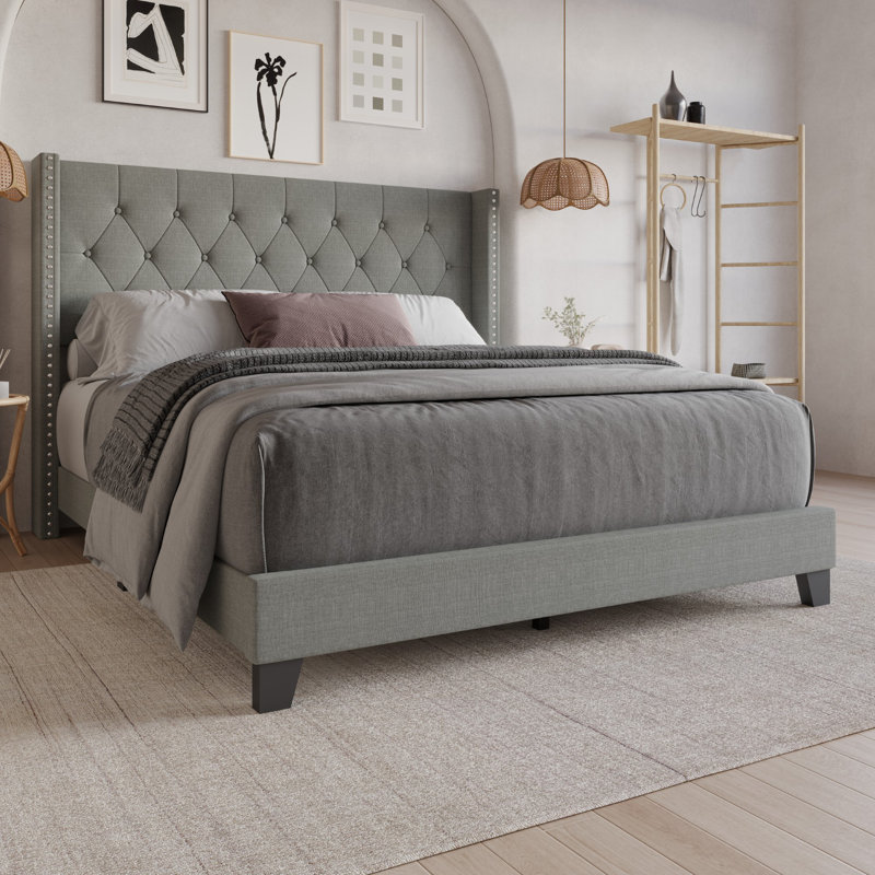 Ameire Upholstered Wingback Bed, Gray, King