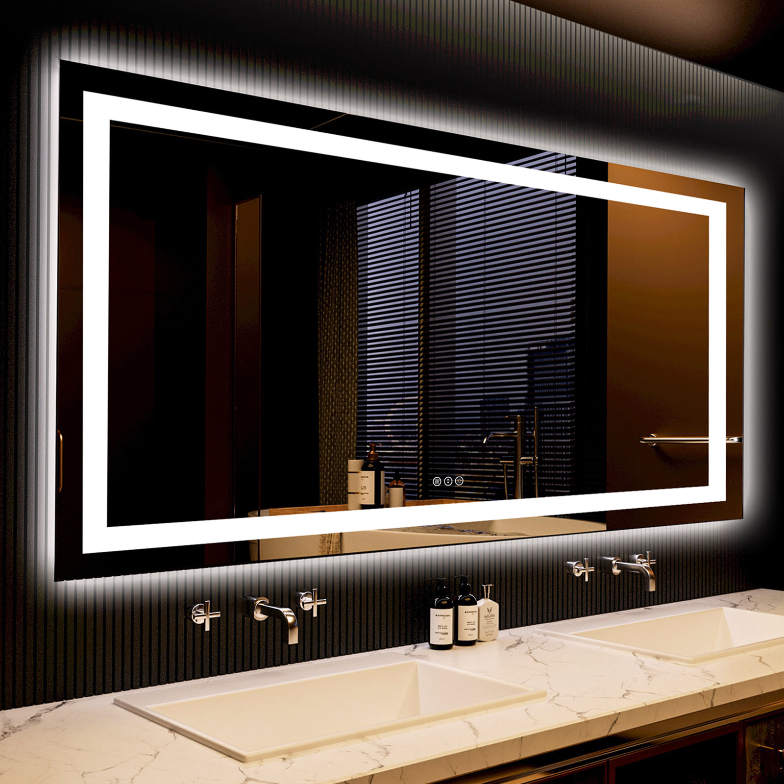 LED Black Framed Bathroom Vanity Mirror, Illuminated Dimmable Anti Fog Makeup Mirror, 3 Color Light Orren Ellis Size: 40 x 32