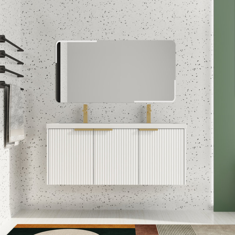 48" Wall Mounted Double Bathroom Vanity with Resin Top, White