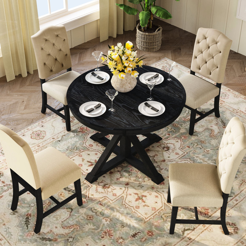 Table de salle à manger familiale avec 4 chaises - meubles à thème rétro, Espresso, Crème / Espresso, Espresso