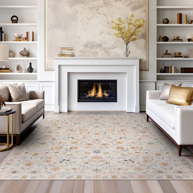 Gurpaige Traditional Oriental Cream Polyester Area Rug, Rectangle 5'3" x 7'