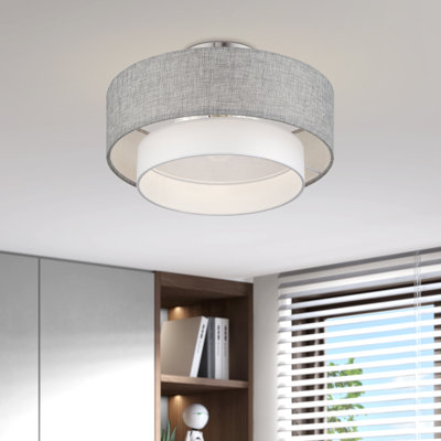 3 Light Brushed Nickel Large Semi-Flush With Hand Crafted Urban Gray And White Fabric Hardback Shades