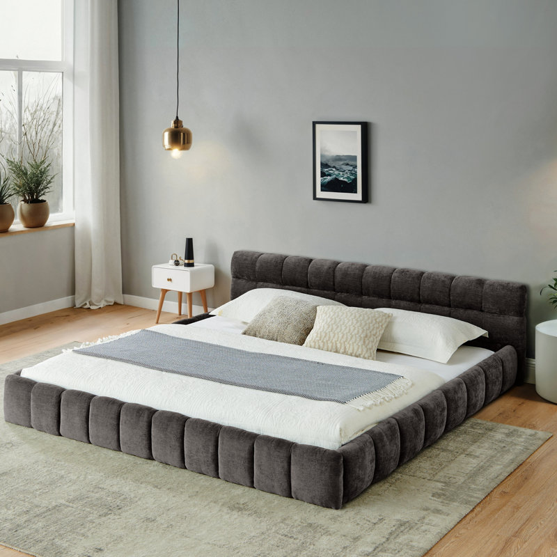 Lit tapissier très grand avec tissu épais, tête de lit, gris foncé, style moderne, lit plateforme, aucun sommier tapissier nécessaire en chenille grise, sommeil confortable, ressort, assemblage facile
