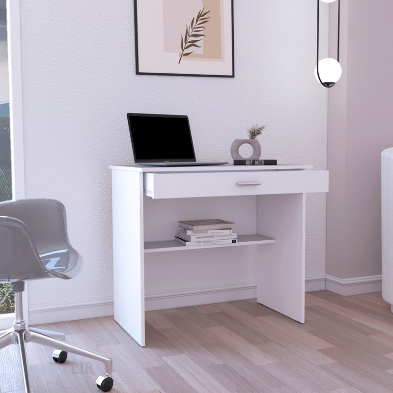 Bureau d'écriture compact avec tiroir et tablette inférieure 80 C pour petits espaces et poste de travail efficace, Blanc