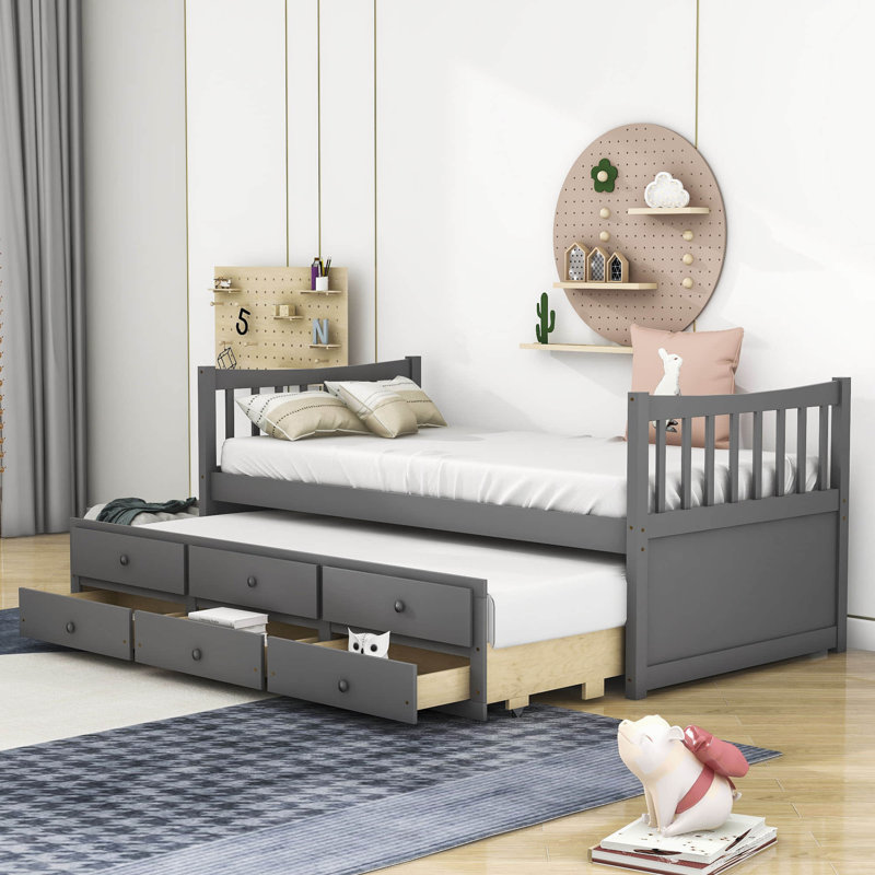 Twin Storage Platform Bed with Trundle and Drawers, Gray