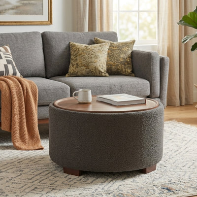 30" Round Coffee Table With Wood Tray Top and Storage, Gray