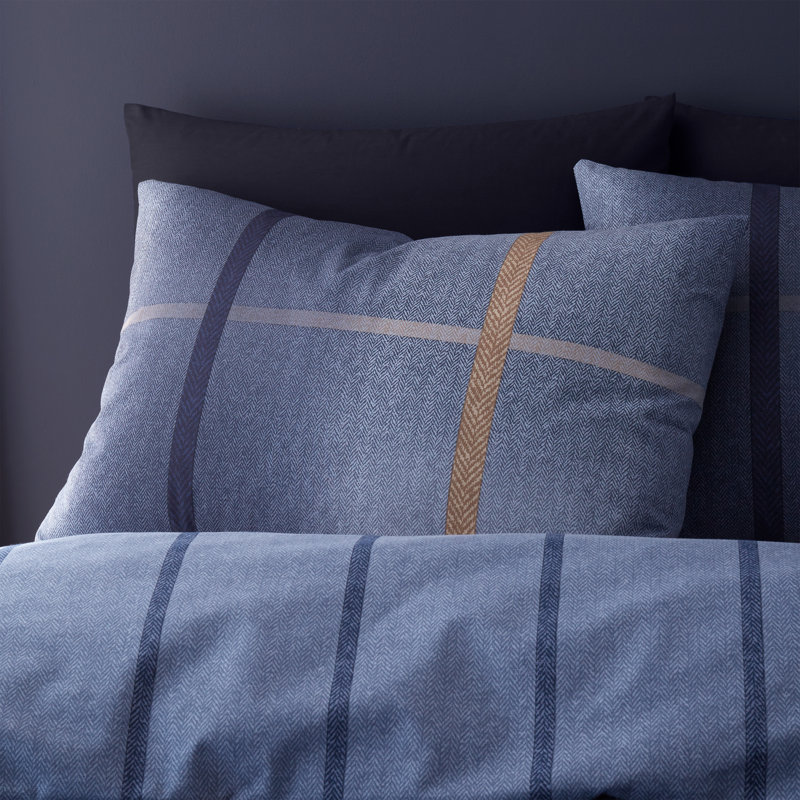 Brushed Cotton Melrose Tweed Check Reversible Duvet Cover Set, Single Duvet Cover + 1 Standard Pillowcases, Blue
