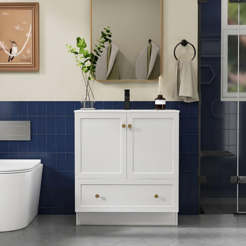 Romia 30'' Classic Bathroom Vanity with Sink Top, Bathroom Sink Faucet, Hand Paint, Gold Handles, White