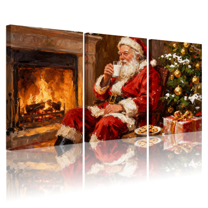 Ensemble de 3 impressions sur toile de Noël père Noël buvant du lait par foyer, H 30 po x l 60 po