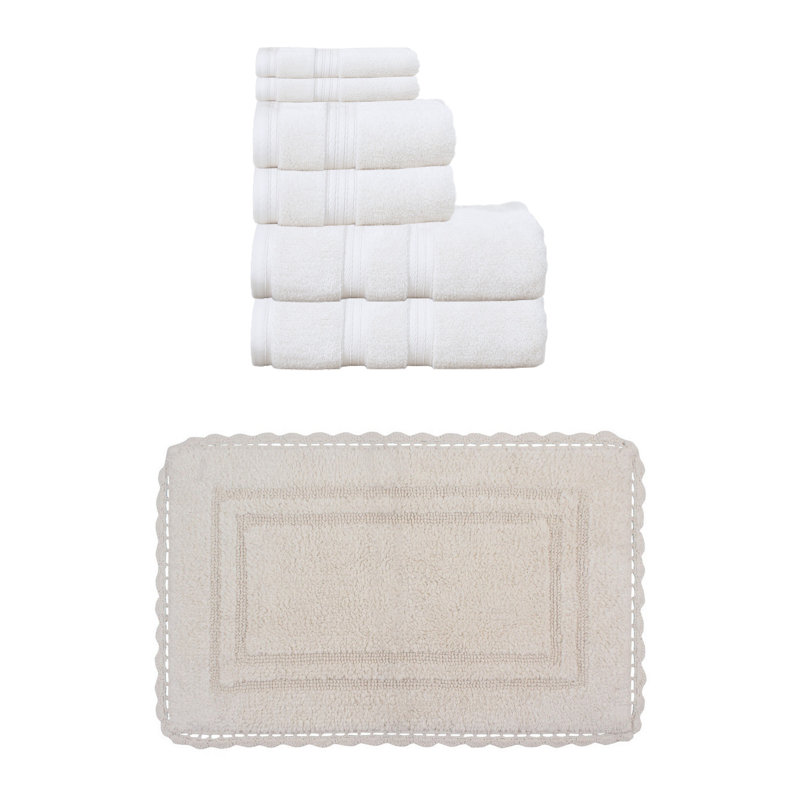 Colson 100% Soft Cotton 2 Pc Bath Towel Set & 1 Pc 21x34" Bath Rug, (Set of 3), Ivory, 7 Piece Towel Set, Ivory