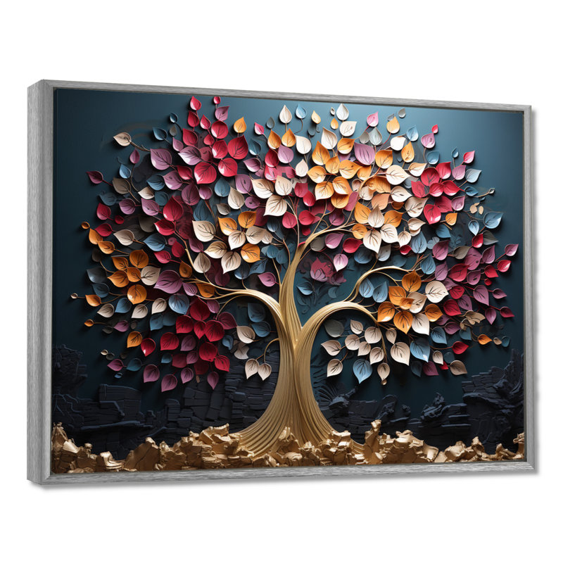 Arbre doré rose et bleu sur fond bleu - Art mural arbre, H 16 po x l 32 po x P 1 po, Cadre flottant argent