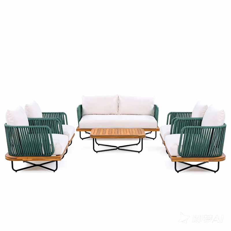 Ensemble de conversation 6 pièces Loegan, Beige, Corde verte / teck