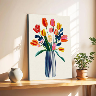 Colorful Tulips In Striped Vase Folk Art Large Gallery Wrapped Canvas Wall Art Print For Living Room Bedroom