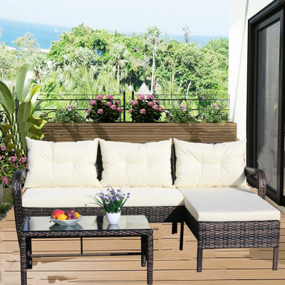 Mobilier de patio extérieur 3 pièces: Canapé modulaire avec coussins beiges - 2 places flexibles, chaise longue sereine, table basse contemporaine et lampe de conversation