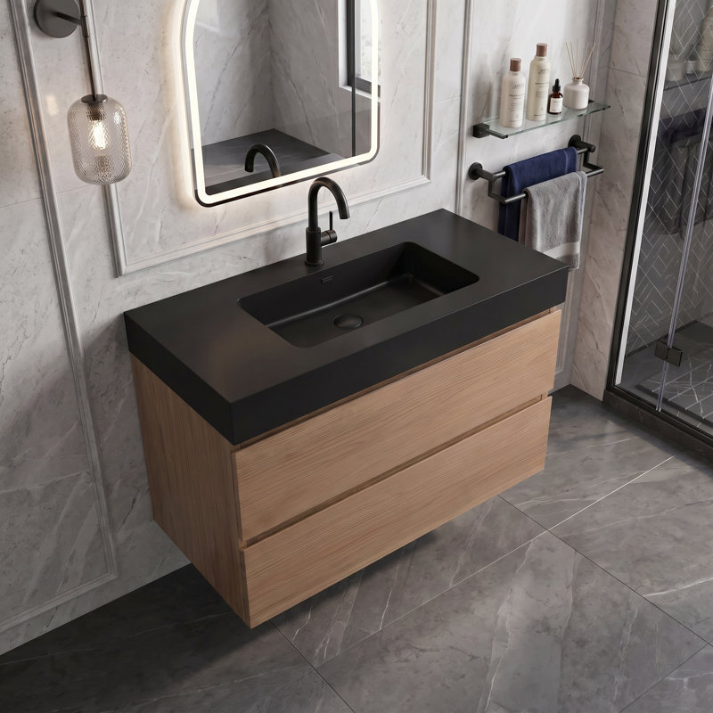 Meuble-lavabo flottant 36 po en noyer brun avec lavabo, meuble-lavabo mural pré-assemblé avec grand rangement, lavabo une pièce noir sans bonde ni robinet